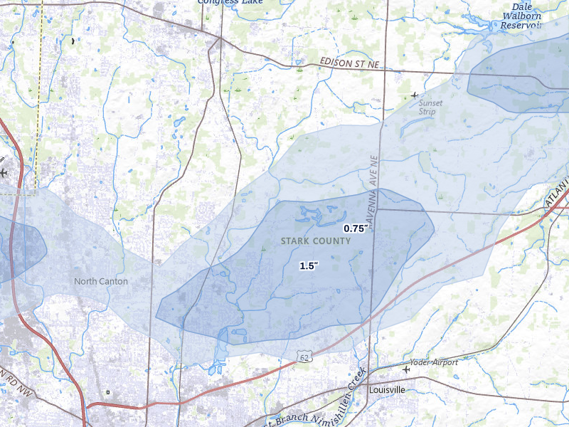 NEXRAD radar-signature map of the hail storm over Canton, OH on Jul 3, 2026