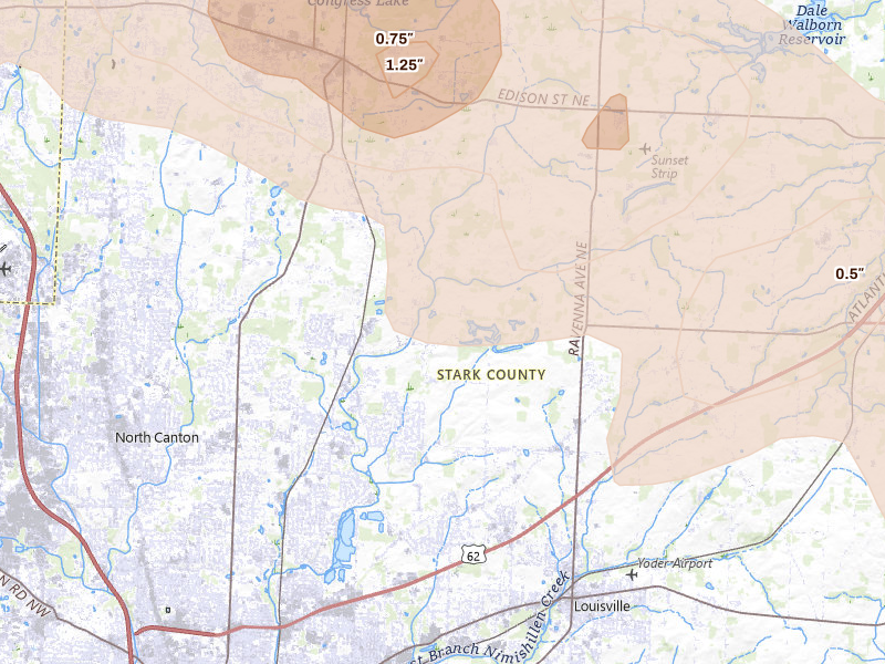Radar-estimated hail-size map of the storm over Canton, OH on Aug 10, 2026