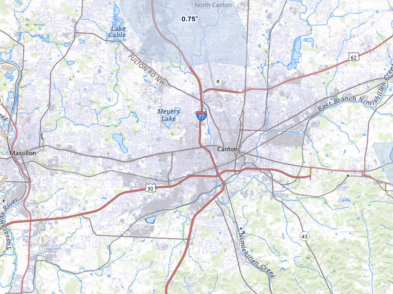 NEXRAD radar-signature map of the hail storm over Canton, OH on Aug 10, 2026