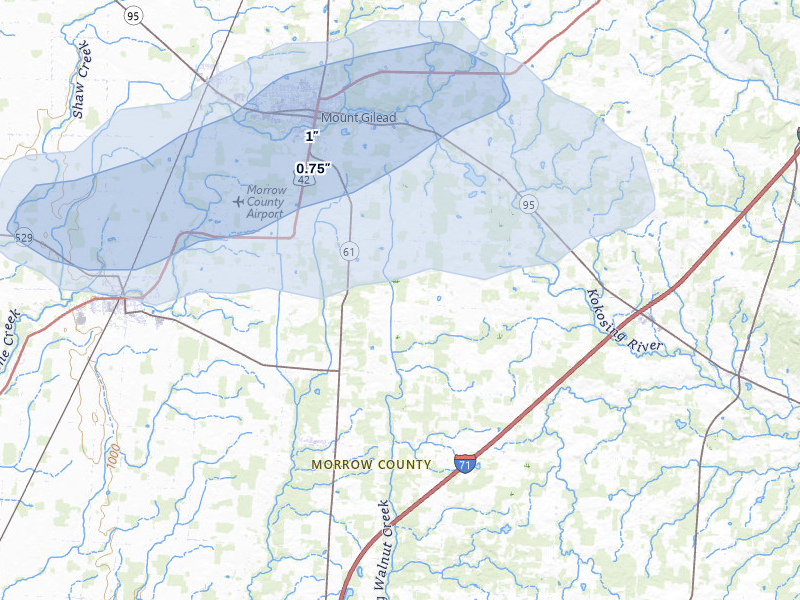 NEXRAD radar-signature map of the hail over Cardington, OH