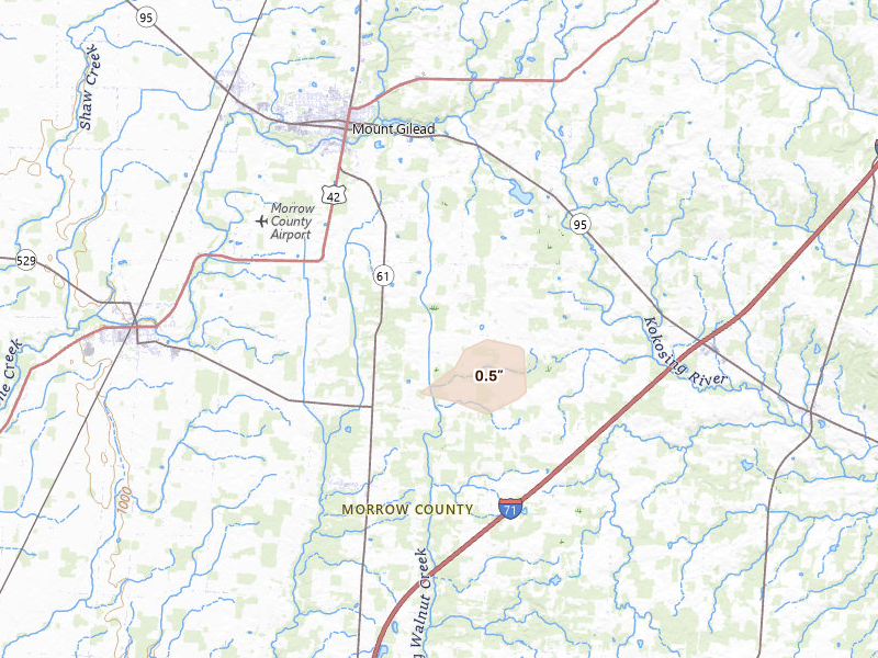 Radar-estimated hail-size map of the storm over Cardington, OH on Aug 7, 2026