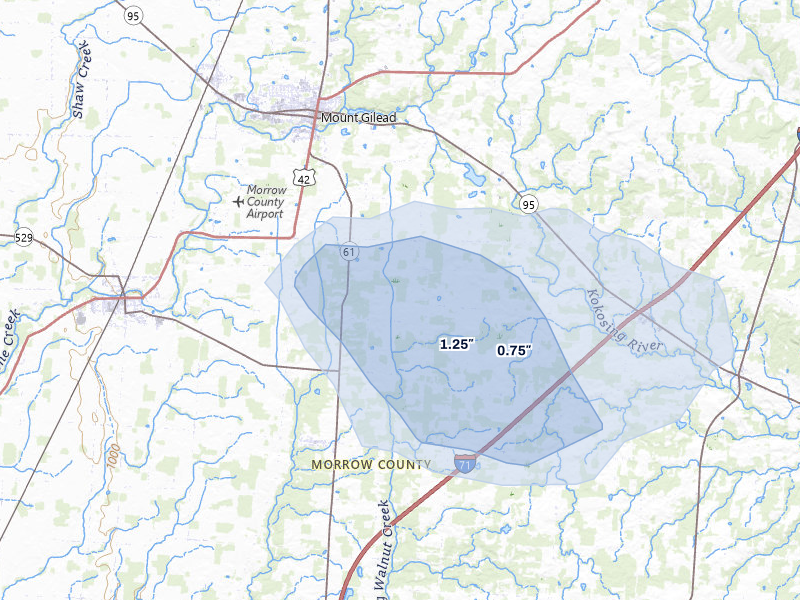 NEXRAD radar-signature map of the hail storm over Cardington, OH on Aug 7, 2026