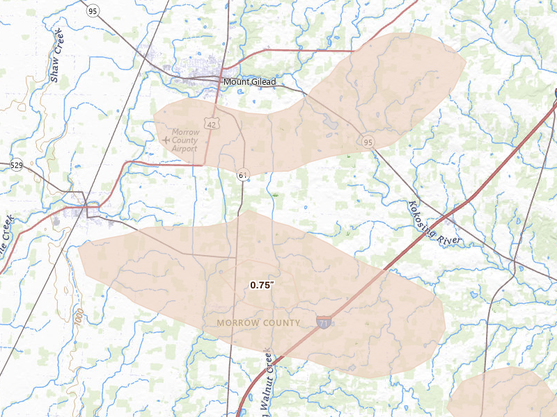 Radar-estimated hail-size map of the storm over Cardington, OH on Aug 10, 2026