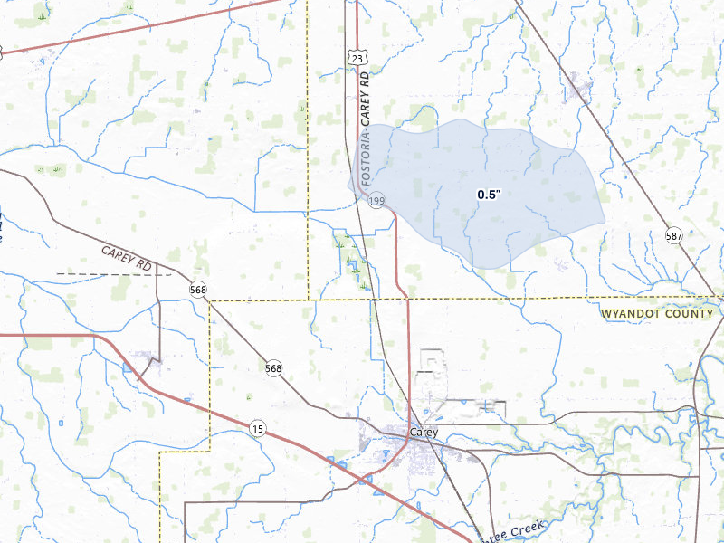 NEXRAD radar-signature map of the hail storm over Carey, OH on Mar 22, 2026