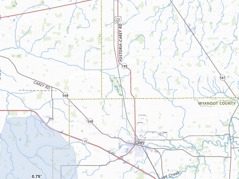 NEXRAD radar-signature map of the hail over Carey, OH