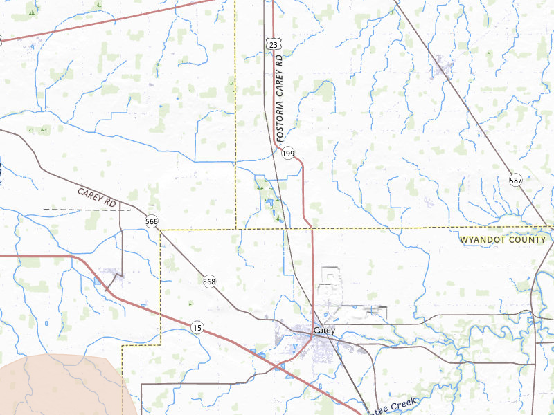Radar-estimated hail-size map of the storm over Carey, OH on Jul 17, 2026