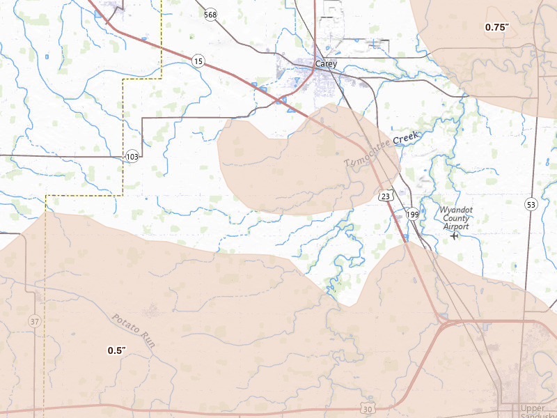 Radar-estimated hail-size map of the storm over Carey, OH on Aug 10, 2026