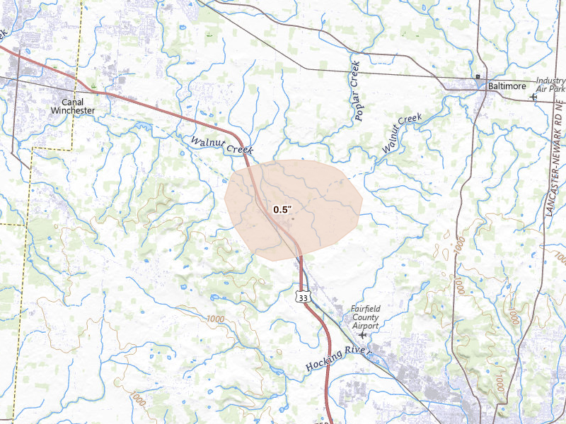 Radar-estimated hail-size map of the storm over Carroll, OH on Apr 22, 2026