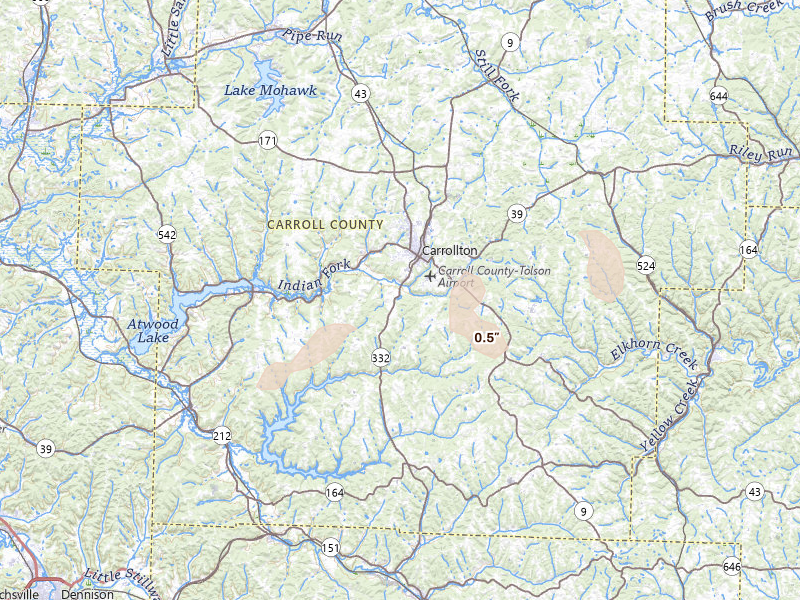 Radar-estimated hail-size map of the storm over Carrollton, OH on Mar 7, 2026