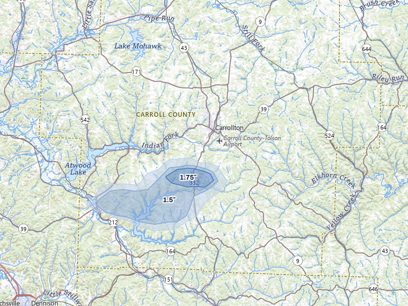 NEXRAD radar-signature map of the hail storm over Carrollton, OH on Mar 7, 2026