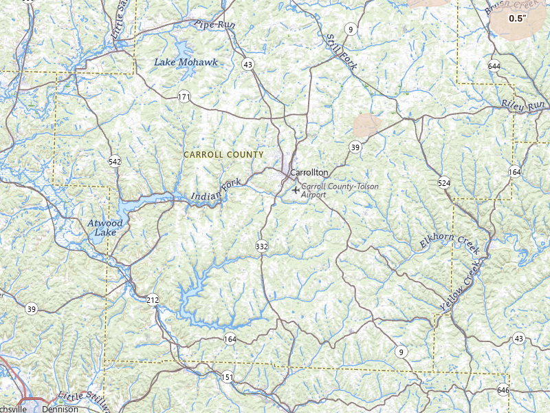 Radar-estimated hail-size map of the storm over Carrollton, OH on Jun 10, 2026