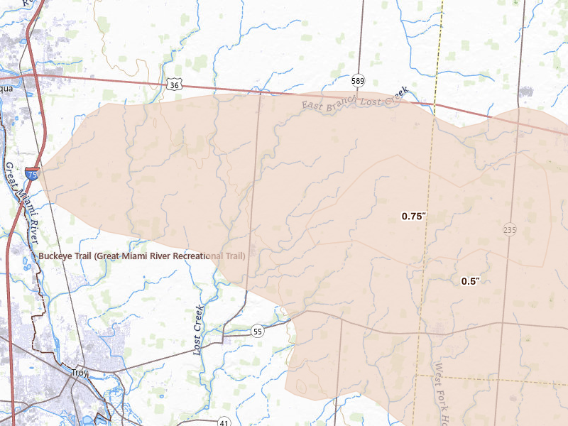 Radar-estimated hail-size map of the storm over Casstown, OH on Mar 22, 2026