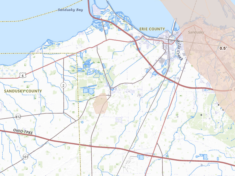 Radar-estimated hail-size map of the storm over Castalia, OH on Jun 6, 2026