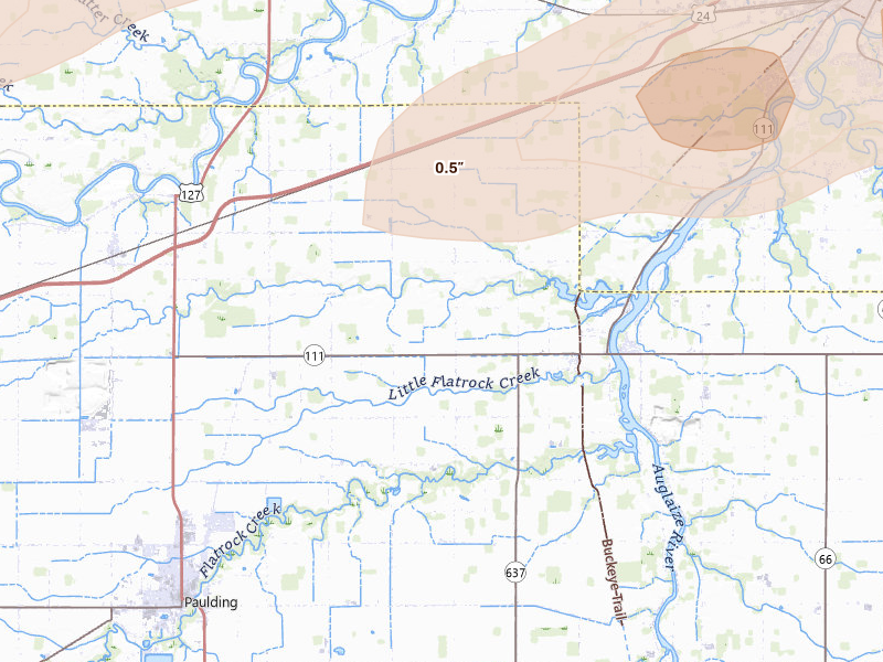 Radar-estimated hail-size map of the storm over Cecil, OH on Apr 15, 2026