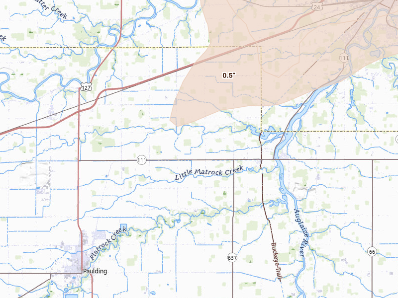 Radar-estimated hail-size map of the storm over Cecil, OH on Aug 9, 2026
