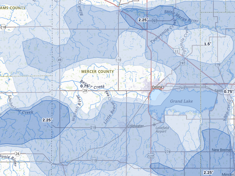 NEXRAD radar-signature map of the hail storm over Celina, OH on Mar 22, 2026