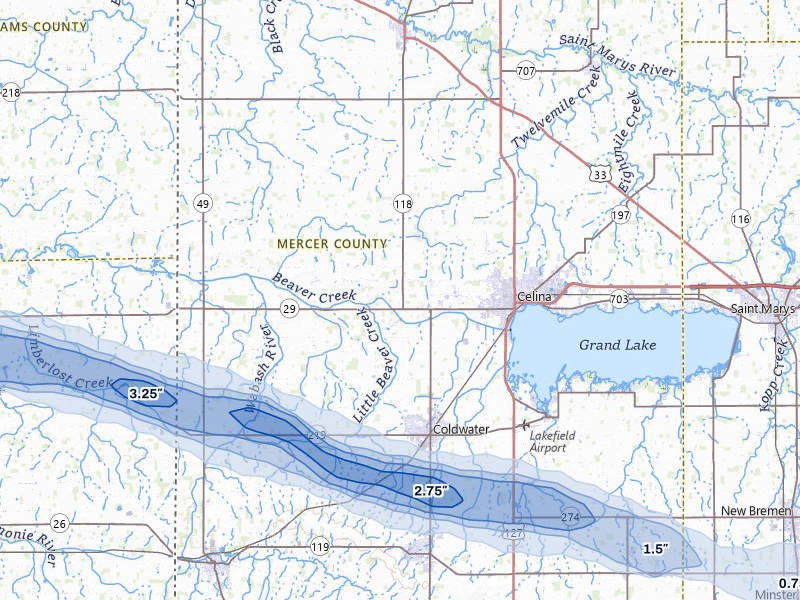 NEXRAD radar-signature map of the hail over Celina, OH