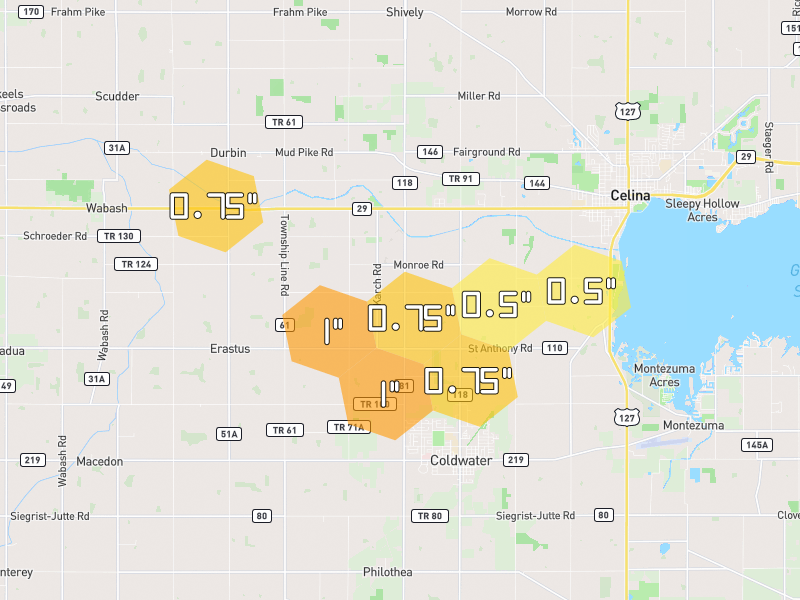 Hail map of Celina, OH on Jul 3, 2026, hail up to 1"