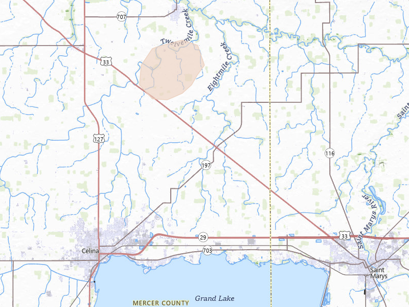 Radar-estimated hail-size map of the storm over Celina, OH on Aug 10, 2026
