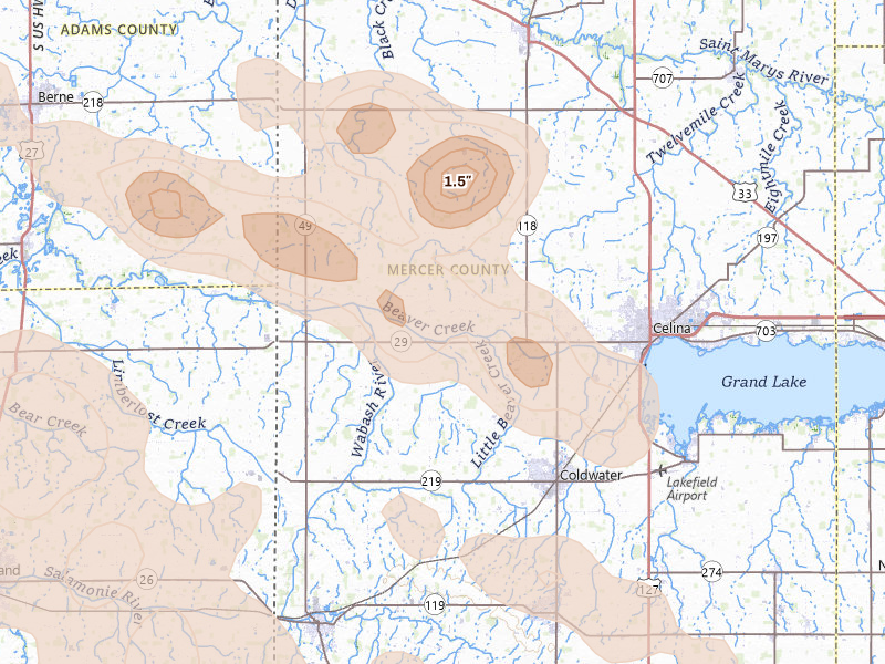 Radar-estimated hail-size map of the storm over Celina, OH on Aug 11, 2026