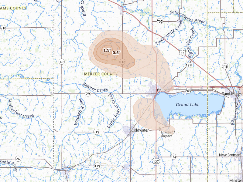 Radar-estimated hail-size map of the storm over Celina, OH on Aug 12, 2026