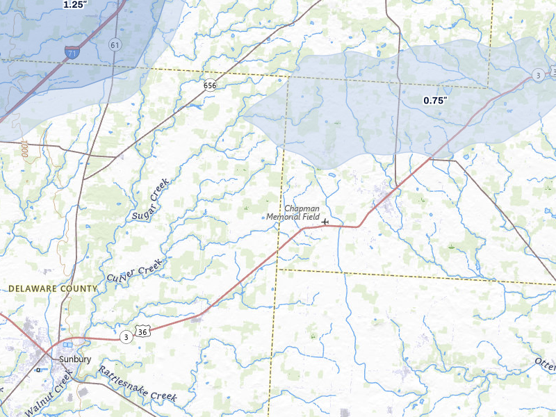 NEXRAD radar-signature map of the hail over Centerburg, OH