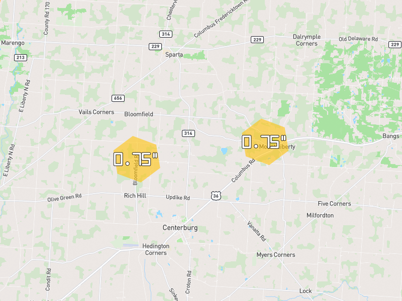Hail map of Centerburg, OH on Jun 6, 2026, hail up to 0.75"