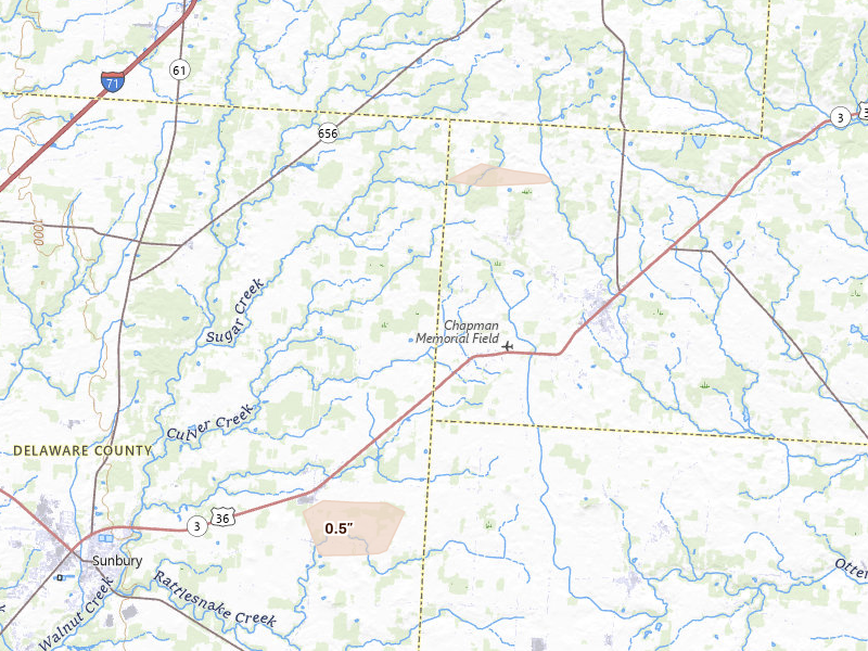 Radar-estimated hail-size map of the storm over Centerburg, OH on Jul 10, 2026