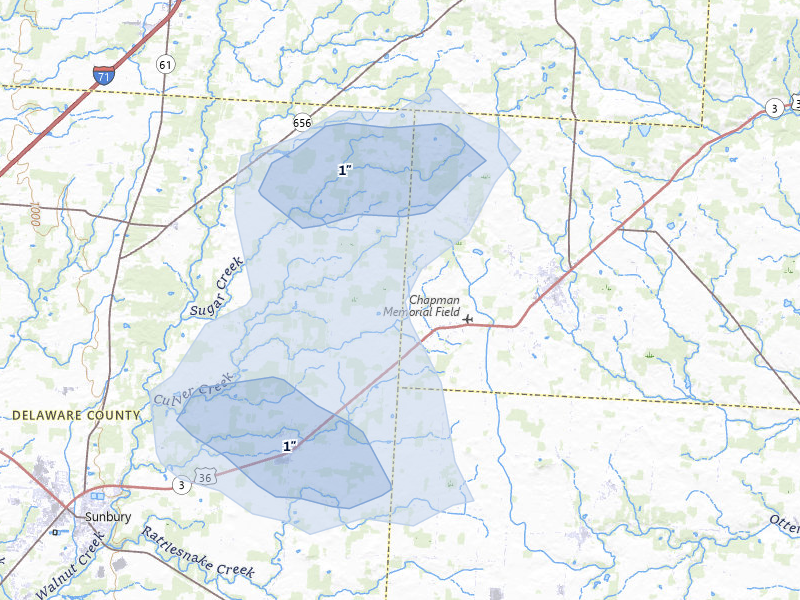 NEXRAD radar-signature map of the hail over Centerburg, OH