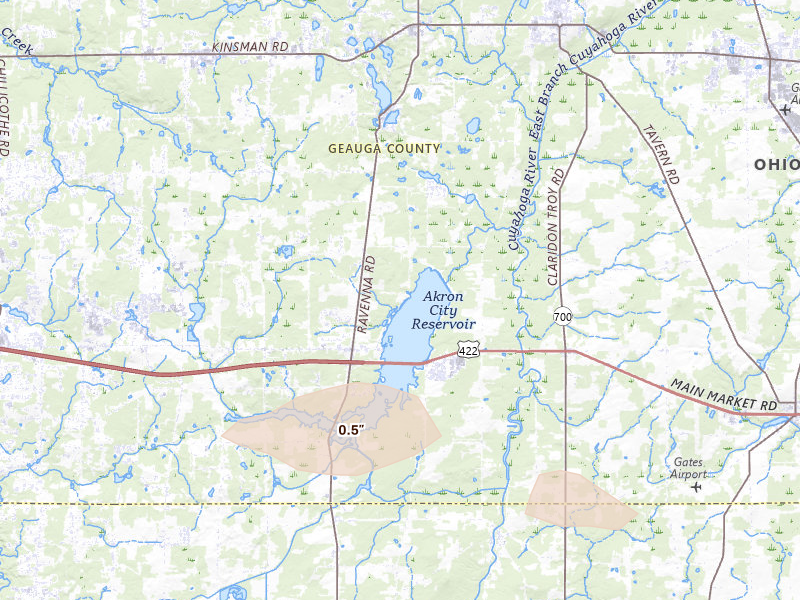 Radar-estimated hail-size map of the storm over Chagrin Falls, OH on Jun 25, 2026