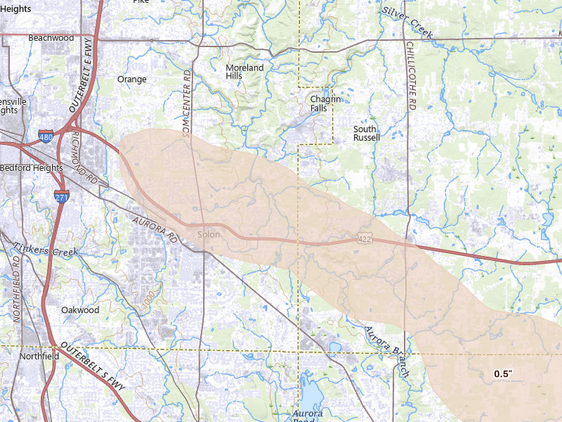 Radar-estimated hail-size map of the storm over Chagrin Falls, OH