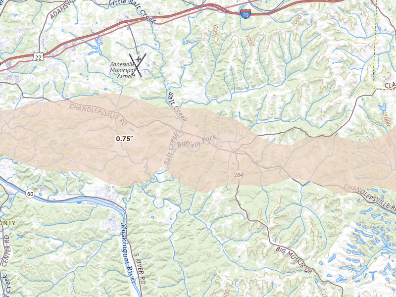Radar-estimated hail-size map of the storm over Chandlersville, OH on Jun 6, 2026