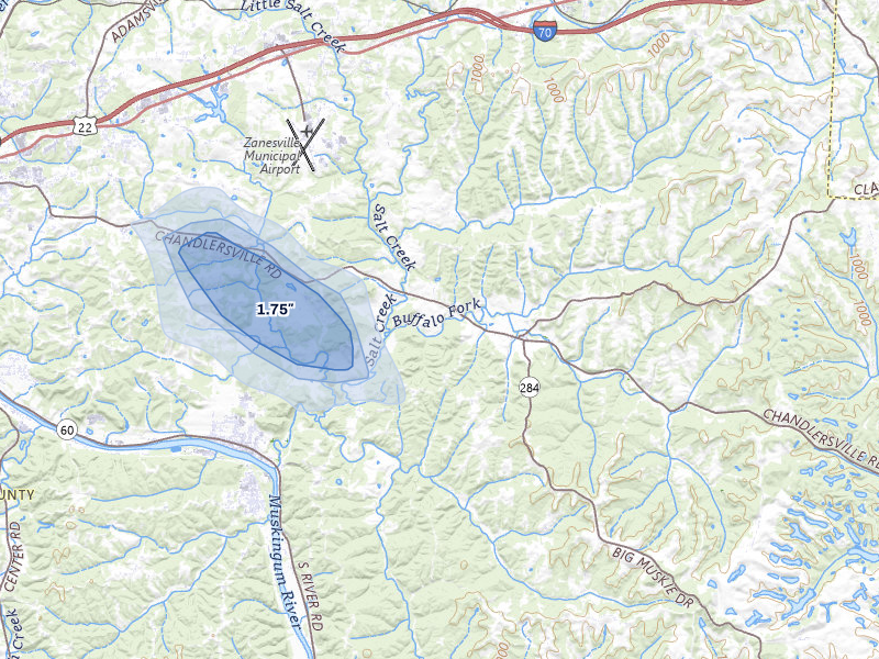 NEXRAD radar-signature map of the hail over Chandlersville, OH