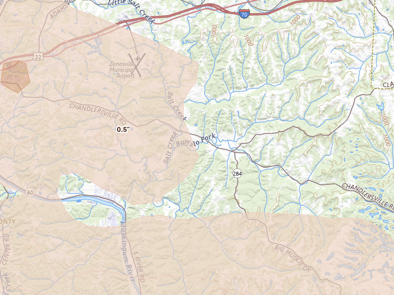 Radar-estimated hail-size map of the storm over Chandlersville, OH on Jul 21, 2026