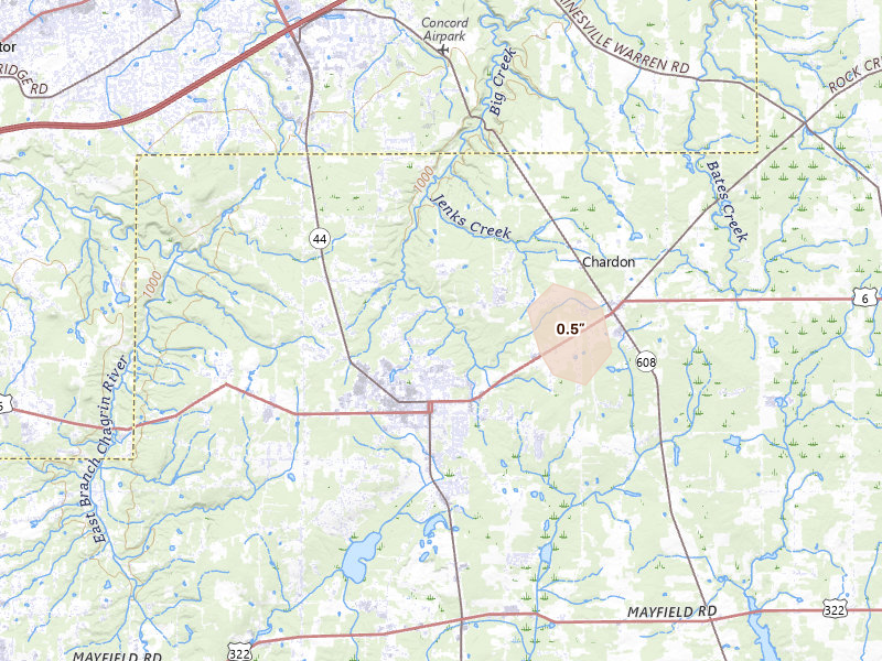 Radar-estimated hail-size map of the storm over Chardon, OH on Jun 14, 2026