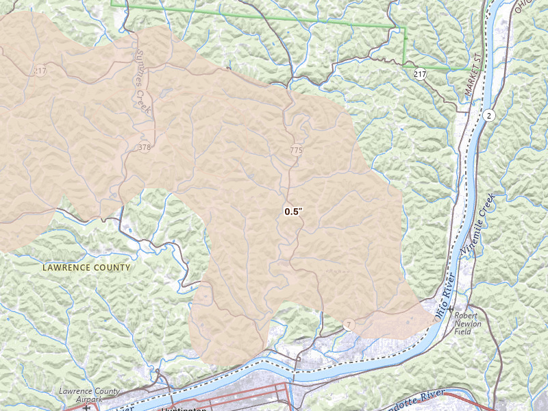 Radar-estimated hail-size map of the storm over Chesapeake, OH on Jul 21, 2026