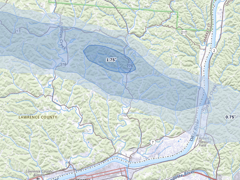 NEXRAD radar-signature map of the hail storm over Chesapeake, OH on Jul 21, 2026