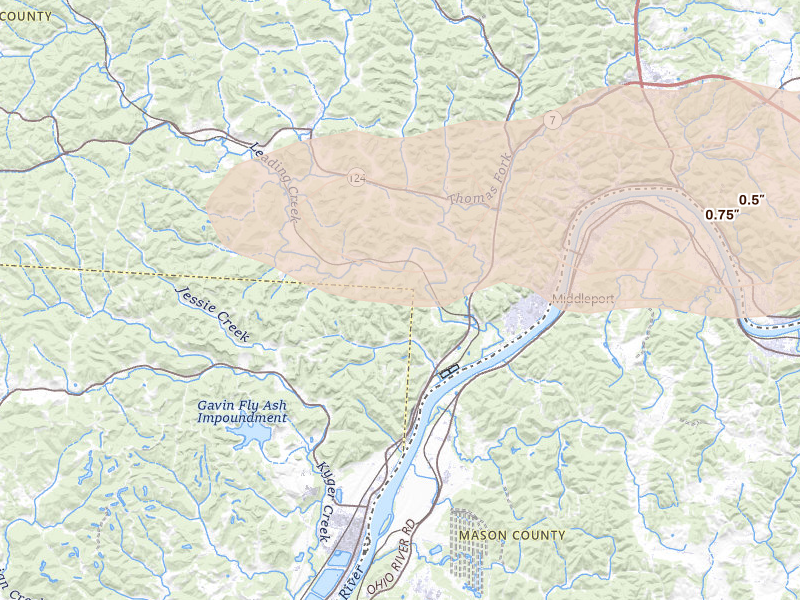 Radar-estimated hail-size map of the storm over Cheshire, OH on Apr 1, 2026