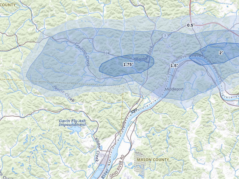 NEXRAD radar-signature map of the hail storm over Cheshire, OH on Apr 1, 2026