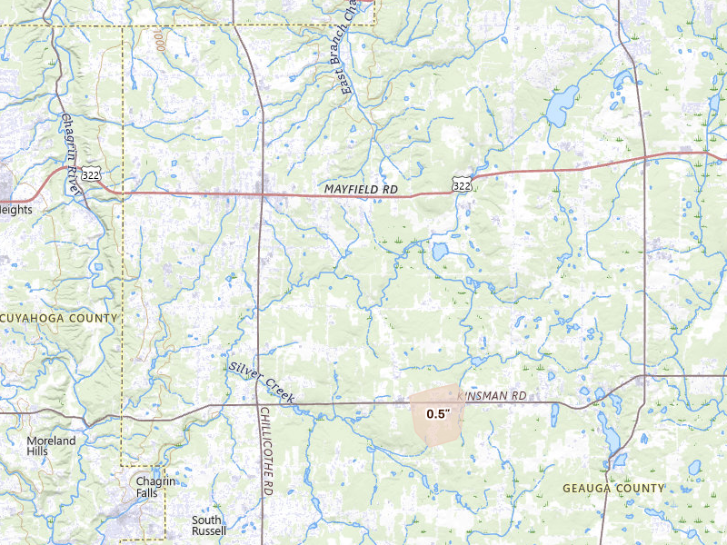 Radar-estimated hail-size map of the storm over Chesterland, OH on Aug 8, 2026