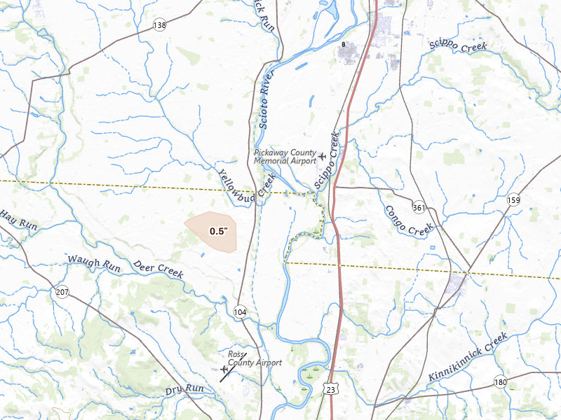 Radar-estimated hail-size map of the storm over Chillicothe, OH on Jun 22, 2026