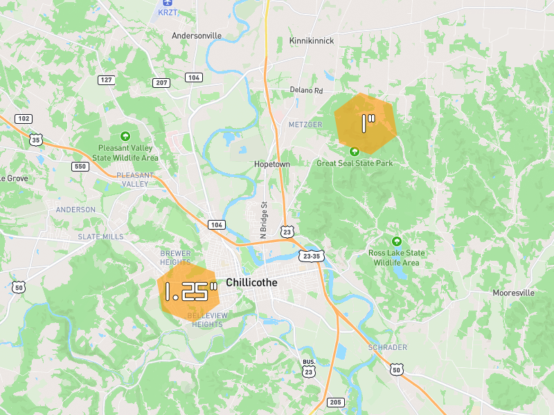 Hail map of Chillicothe, OH on Jul 28, 2026, hail up to 1.25"