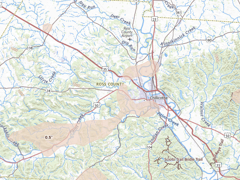 Radar-estimated hail-size map of the storm over Chillicothe, OH on Aug 8, 2026