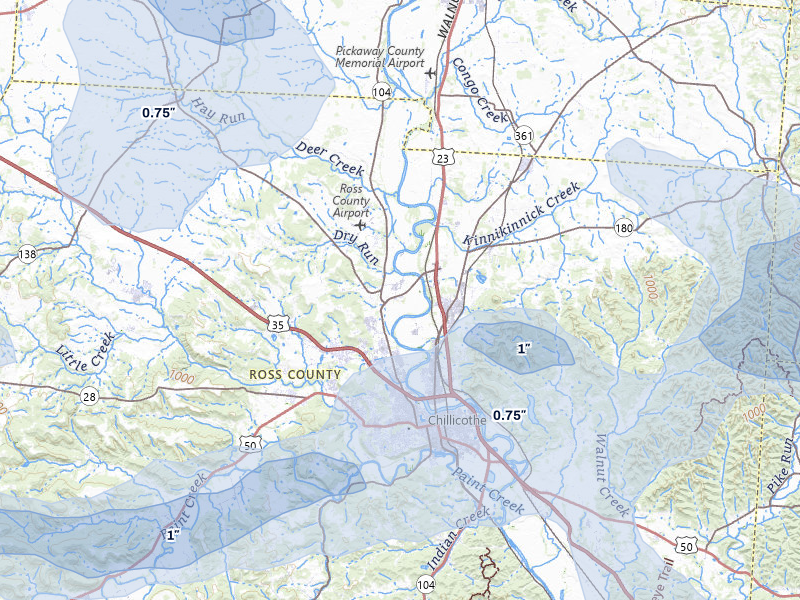 NEXRAD radar-signature map of the hail storm over Chillicothe, OH on Aug 8, 2026