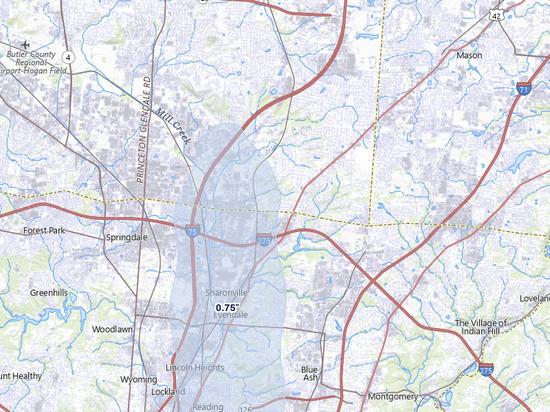 NEXRAD radar-signature map of the hail storm over Cincinnati, OH on Mar 22, 2026