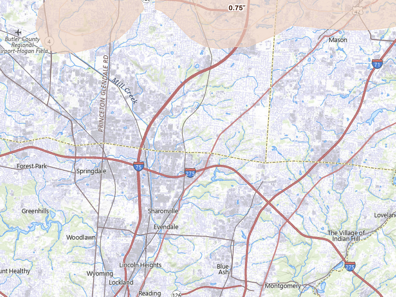 Radar-estimated hail-size map of the storm over Cincinnati, OH on Jul 21, 2026