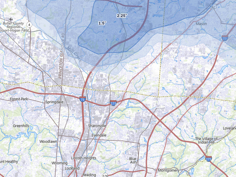 NEXRAD radar-signature map of the hail over Cincinnati, OH