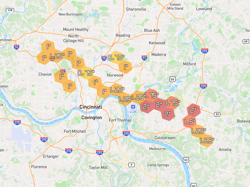 Hail map of Cincinnati, OH on Jul 21, 2026, hail up to 2"