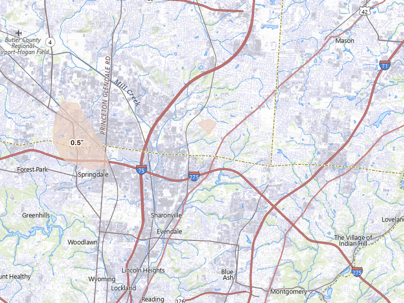 Radar-estimated hail-size map of the storm over Cincinnati, OH on Jul 27, 2026
