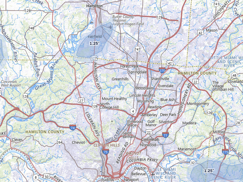 NEXRAD radar-signature map of the hail storm over Cincinnati, OH on Aug 7, 2026
